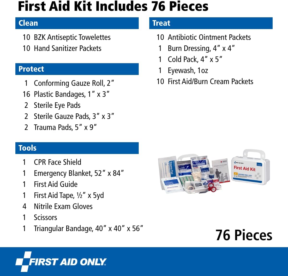 First Aid Only 91322 ANSI A 2021 and OSHA Compliant First Aid Kit, 10-Person Emergency First Aid Kit for Business, Home, Car, and Worksites, 76 Pieces - Image 3