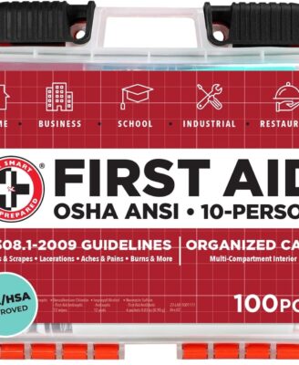 Be Smart Get Prepared OSHA/ANSI First Aid Kit - 10 Person, 100 Pieces - Designed for Home, Business, School, Industrial, and Restaurants - Compact & Portable