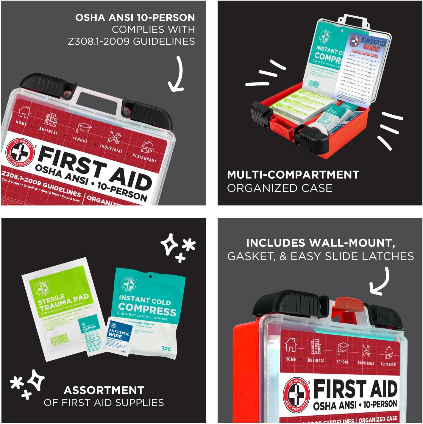 Be Smart Get Prepared OSHA/ANSI First Aid Kit - 10 Person, 100 Pieces - Designed for Home, Business, School, Industrial, and Restaurants - Compact & Portable - Image 5