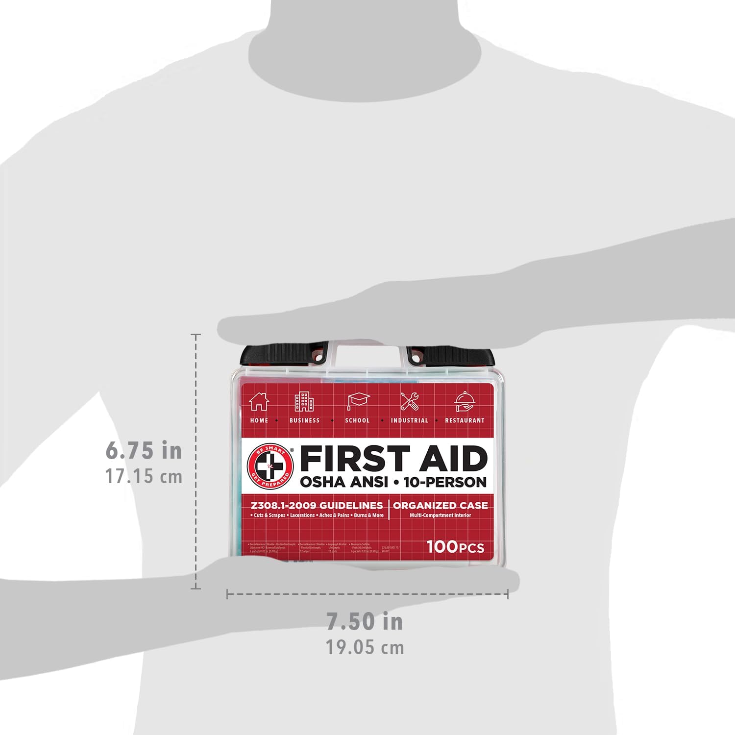 Be Smart Get Prepared OSHA/ANSI First Aid Kit - 10 Person, 100 Pieces - Designed for Home, Business, School, Industrial, and Restaurants - Compact & Portable - Image 7
