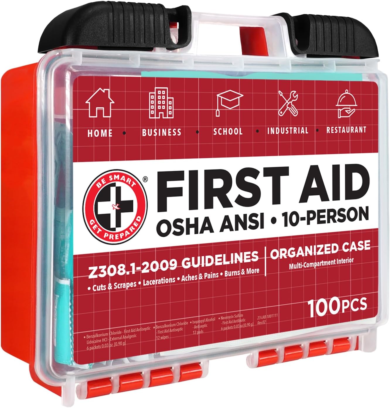 Be Smart Get Prepared OSHA/ANSI First Aid Kit - 10 Person, 100 Pieces - Designed for Home, Business, School, Industrial, and Restaurants - Compact & Portable - Image 8