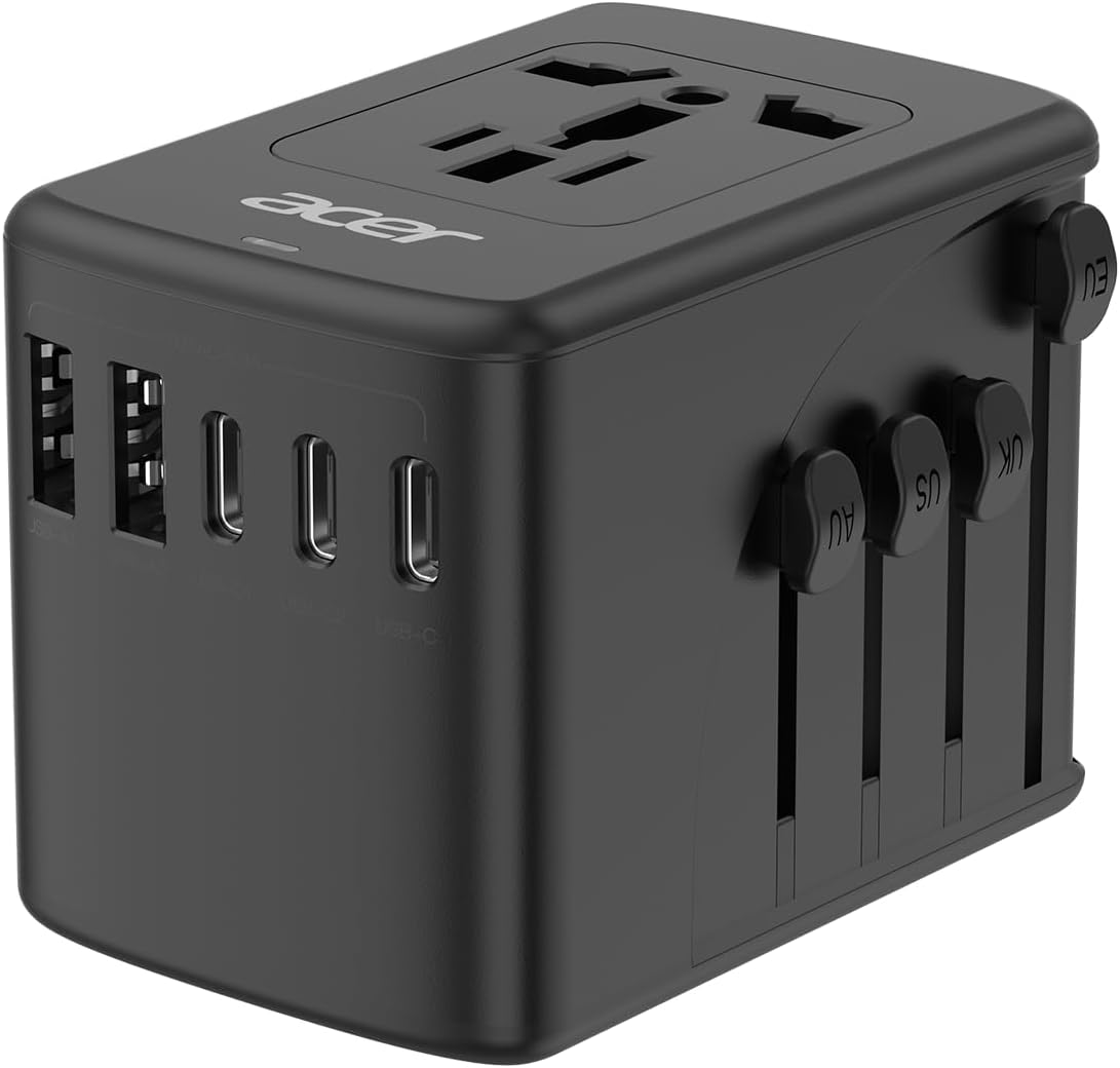 Acer Universal Travel Plug Adapter - International Power Adapter with 5 USB Ports (3 USB C) 5.8A, Worldwide Outlet Charger for USA to European UK France Germany Spain, Type C/E/F/G/I/L/A, Black