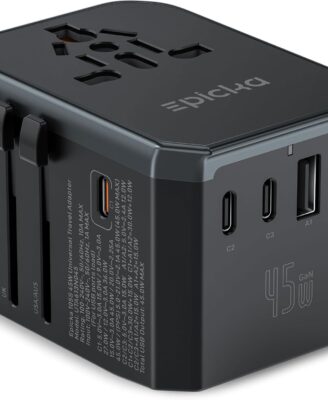 EPICKA Universal Travel Adapter GaN 45W, European Travel Plug Adapter with PD&QC Fast Charging(2 USB-A & 3 USB-C Ports) - Worldwide Travel Essentials, International Power Adapter for UK/US/AU (Black)
