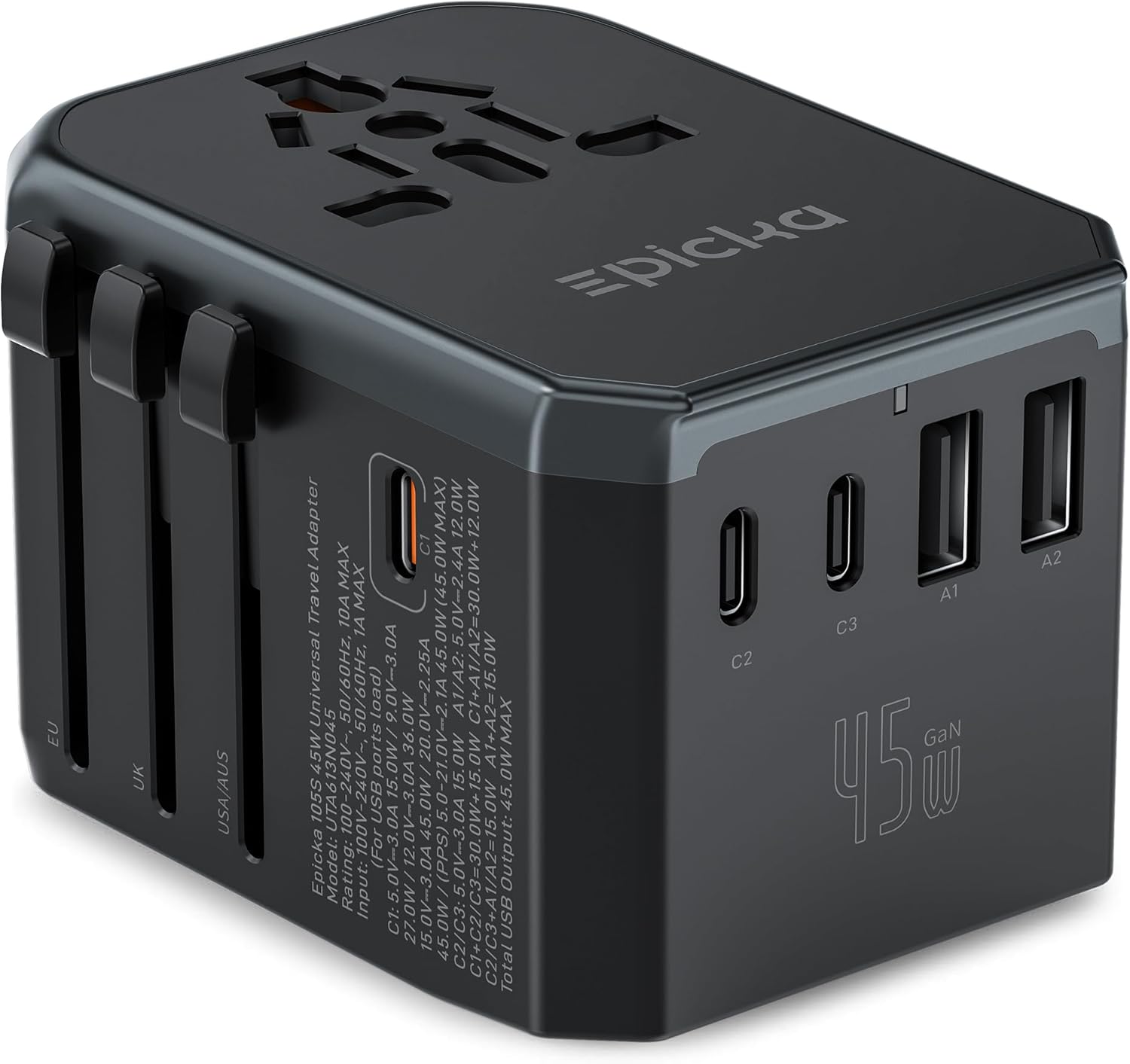 EPICKA Universal Travel Adapter GaN 45W, European Travel Plug Adapter with PD&QC Fast Charging(2 USB-A & 3 USB-C Ports) - Worldwide Travel Essentials, International Power Adapter for UK/US/AU (Black)