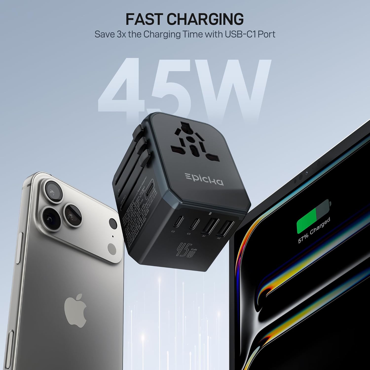 EPICKA Universal Travel Adapter GaN 45W, European Travel Plug Adapter with PD&QC Fast Charging(2 USB-A & 3 USB-C Ports) - Worldwide Travel Essentials, International Power Adapter for UK/US/AU (Black) - Image 2