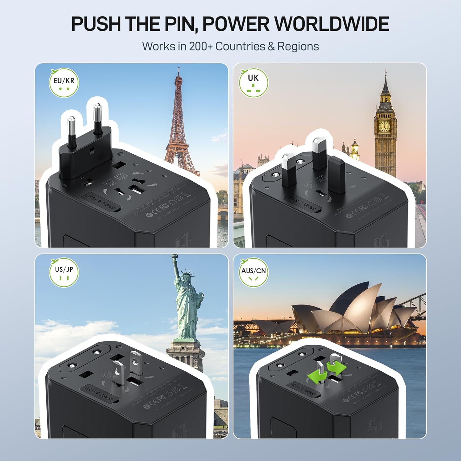 EPICKA Universal Travel Adapter GaN 45W, European Travel Plug Adapter with PD&QC Fast Charging(2 USB-A & 3 USB-C Ports) - Worldwide Travel Essentials, International Power Adapter for UK/US/AU (Black) - Image 4