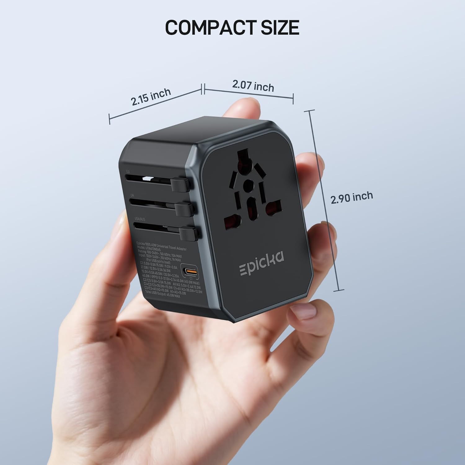 EPICKA Universal Travel Adapter GaN 45W, European Travel Plug Adapter with PD&QC Fast Charging(2 USB-A & 3 USB-C Ports) - Worldwide Travel Essentials, International Power Adapter for UK/US/AU (Black) - Image 6