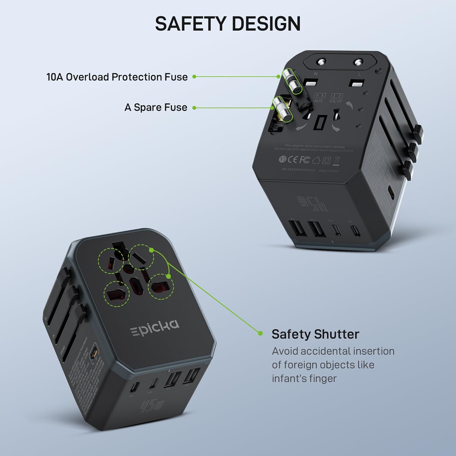 EPICKA Universal Travel Adapter GaN 45W, European Travel Plug Adapter with PD&QC Fast Charging(2 USB-A & 3 USB-C Ports) - Worldwide Travel Essentials, International Power Adapter for UK/US/AU (Black) - Image 7