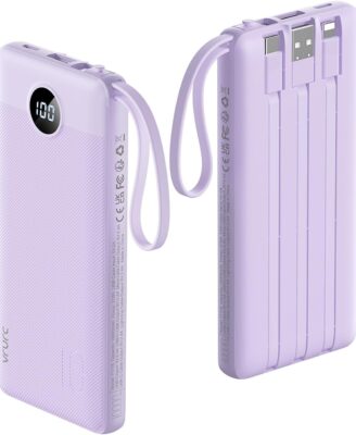 VRURC Portable Charger Power Bank, USB C Battery Pack 10000mAh, Flight-Safe Travel Essentials, 5 Outputs 2 Inputs Slim Phone Charging Bank Built-in Cables for Multi Devices-Lavender(1 Pack)