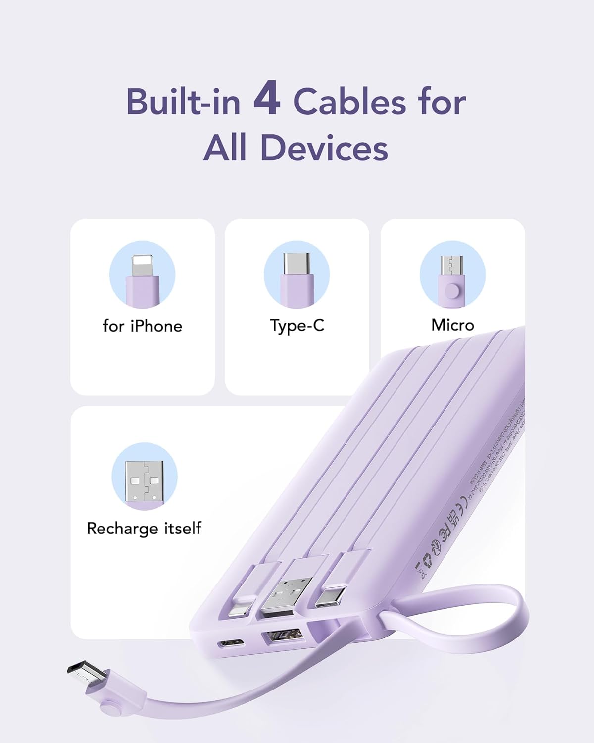 VRURC Portable Charger Power Bank, USB C Battery Pack 10000mAh, Flight-Safe Travel Essentials, 5 Outputs 2 Inputs Slim Phone Charging Bank Built-in Cables for Multi Devices-Lavender(1 Pack) - Image 2
