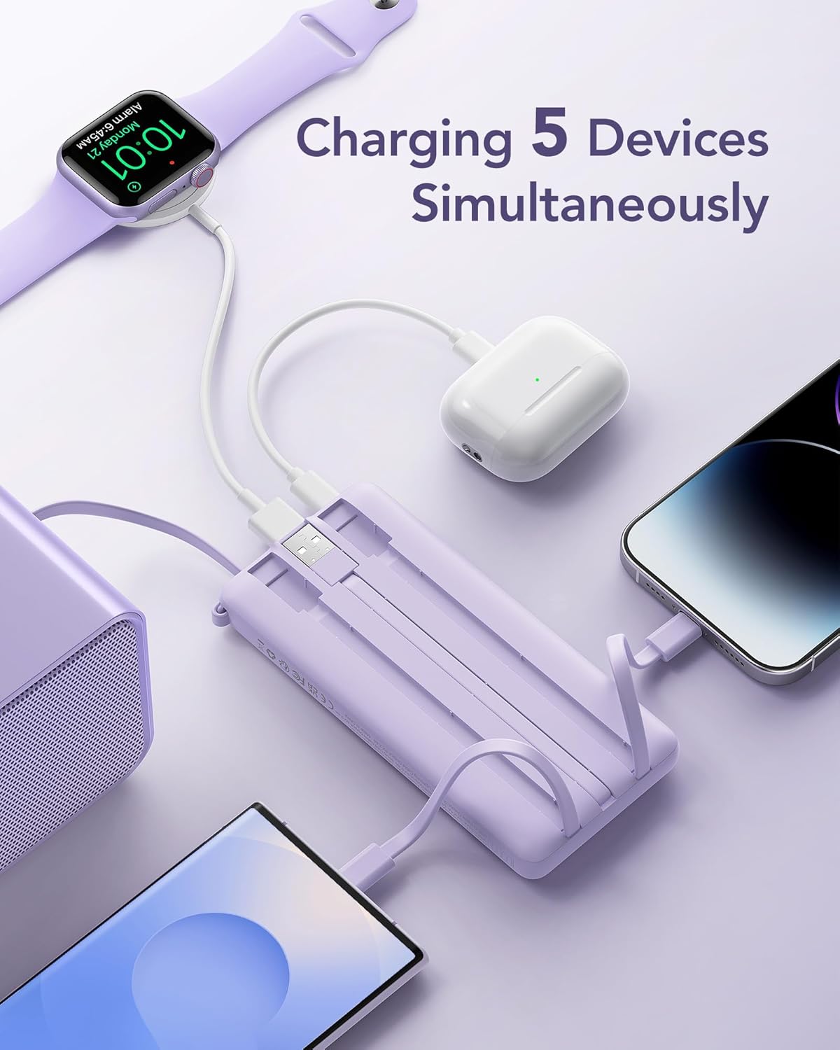 VRURC Portable Charger Power Bank, USB C Battery Pack 10000mAh, Flight-Safe Travel Essentials, 5 Outputs 2 Inputs Slim Phone Charging Bank Built-in Cables for Multi Devices-Lavender(1 Pack) - Image 3