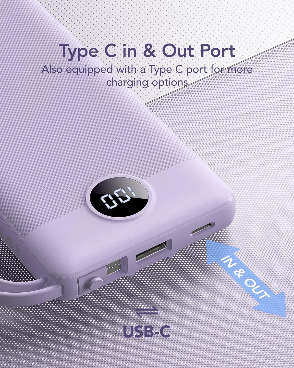 VRURC Portable Charger Power Bank, USB C Battery Pack 10000mAh, Flight-Safe Travel Essentials, 5 Outputs 2 Inputs Slim Phone Charging Bank Built-in Cables for Multi Devices-Lavender(1 Pack) - Image 4
