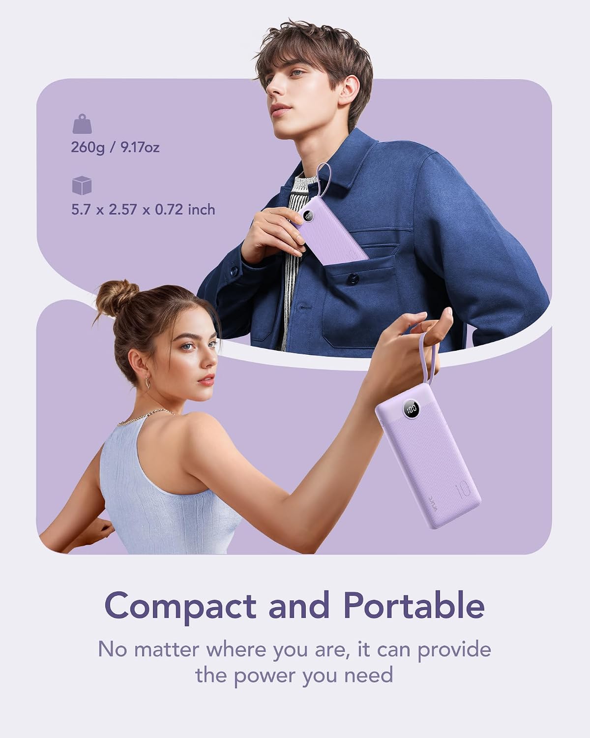 VRURC Portable Charger Power Bank, USB C Battery Pack 10000mAh, Flight-Safe Travel Essentials, 5 Outputs 2 Inputs Slim Phone Charging Bank Built-in Cables for Multi Devices-Lavender(1 Pack) - Image 5