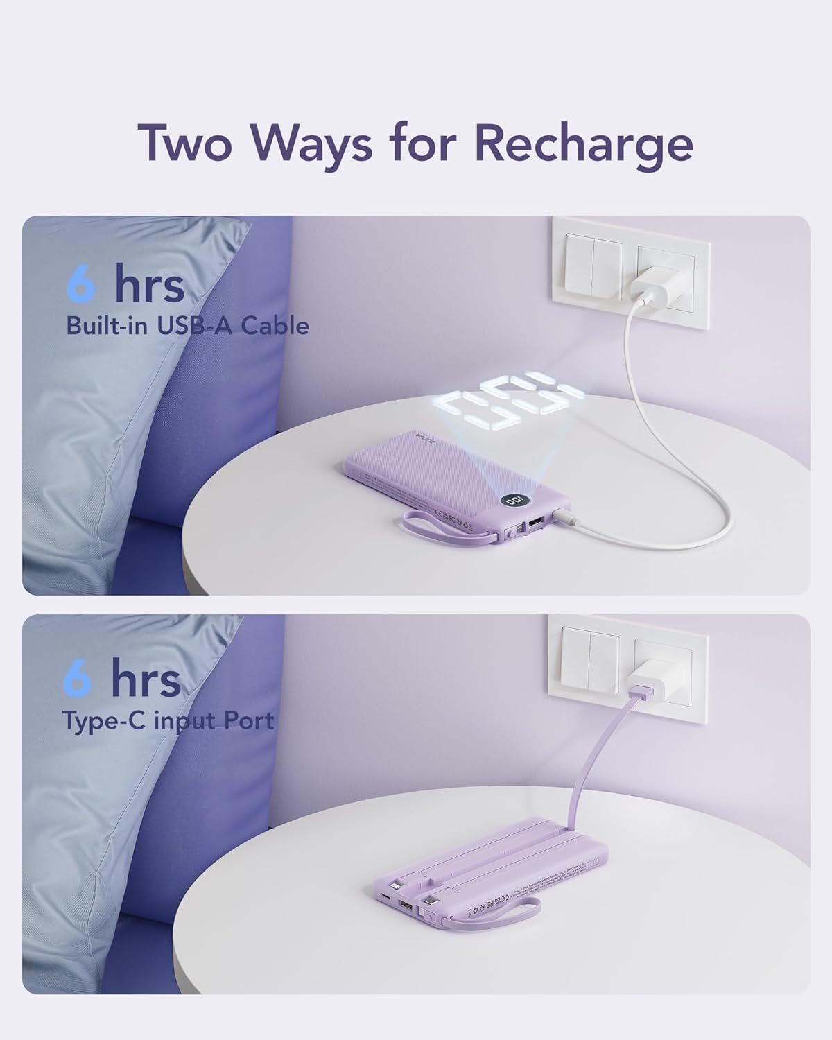 VRURC Portable Charger Power Bank, USB C Battery Pack 10000mAh, Flight-Safe Travel Essentials, 5 Outputs 2 Inputs Slim Phone Charging Bank Built-in Cables for Multi Devices-Lavender(1 Pack) - Image 6