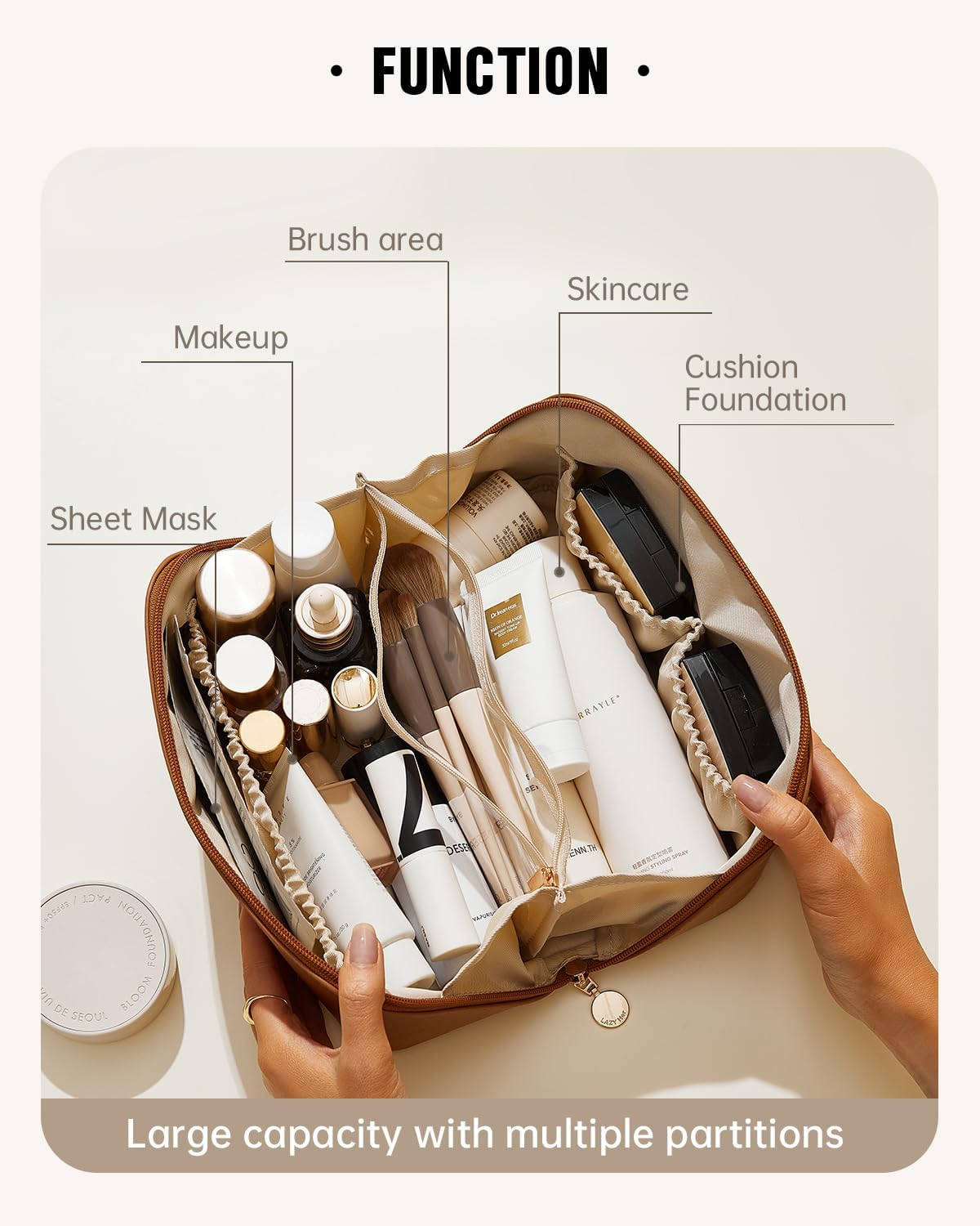 EACHY Travel Makeup Bag, Large Capacity Cosmetic Bag for Women, Waterproof PU Leather, Flat Open Portable Toiletry Bag for Skincare, Brushes & Travel Essentials - Image 2