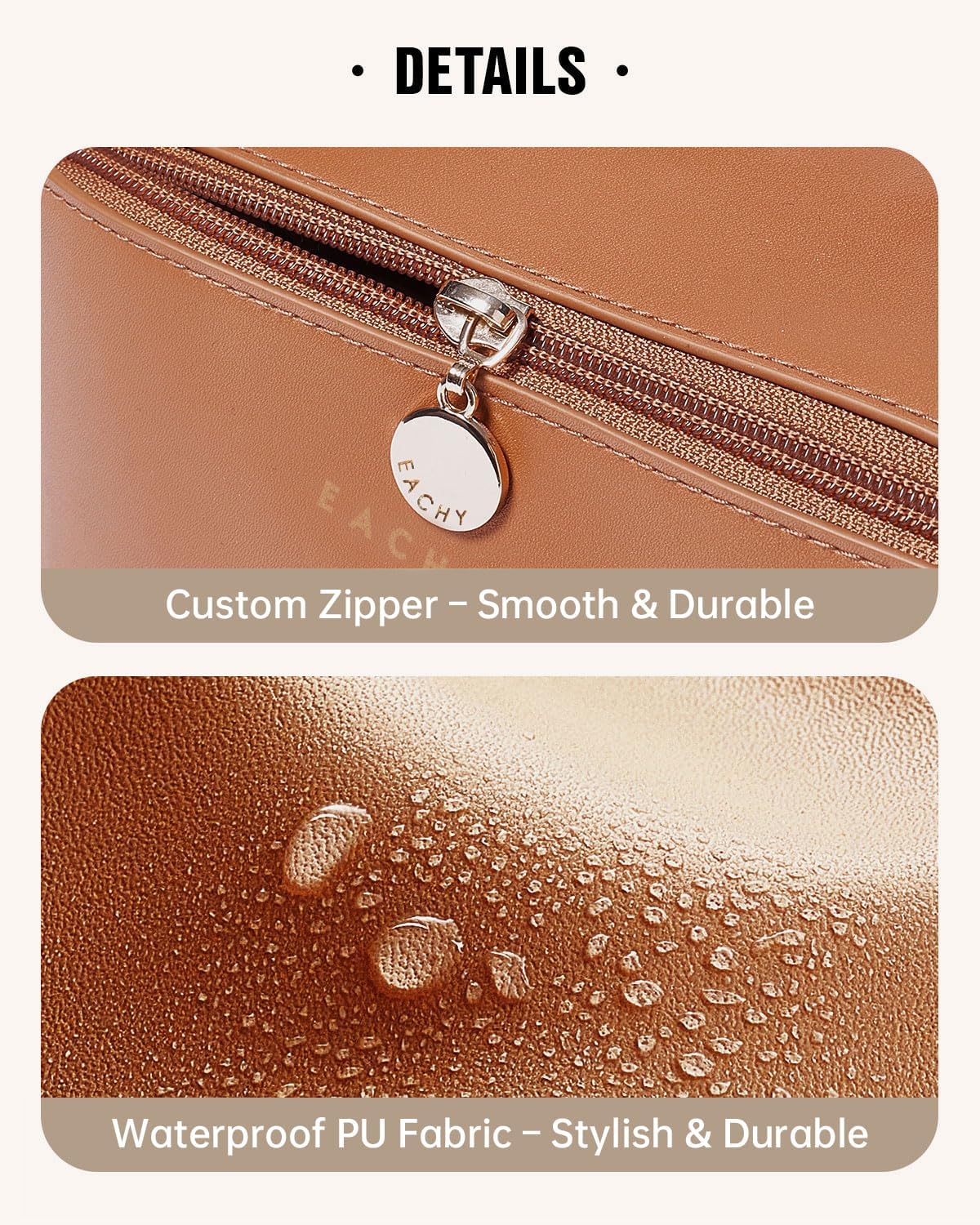 EACHY Travel Makeup Bag, Large Capacity Cosmetic Bag for Women, Waterproof PU Leather, Flat Open Portable Toiletry Bag for Skincare, Brushes & Travel Essentials - Image 5